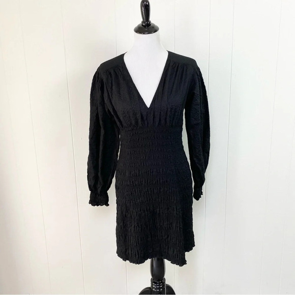 Frame V Neck Smocked Dress Mini Size Small Cotton Ruched Long Sleeve - Picture 2 of 14